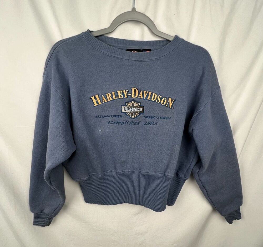 Vintage Harley Davidson Sweatshirt Womens L Made USA Cropped Blue Biker Moto